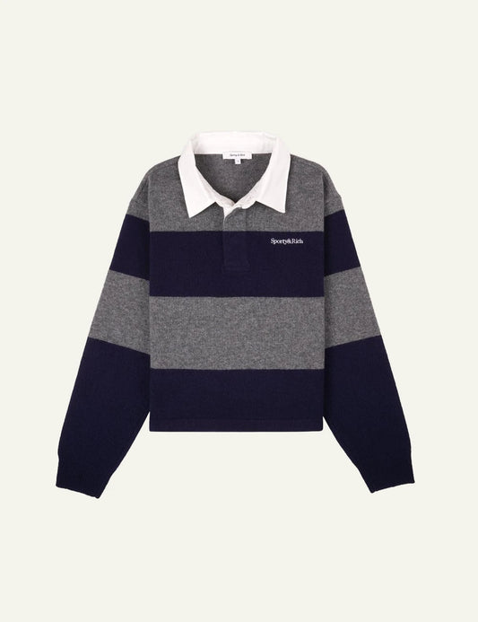 Sporty and Rich cashmere wool rugby knit grey navy front view