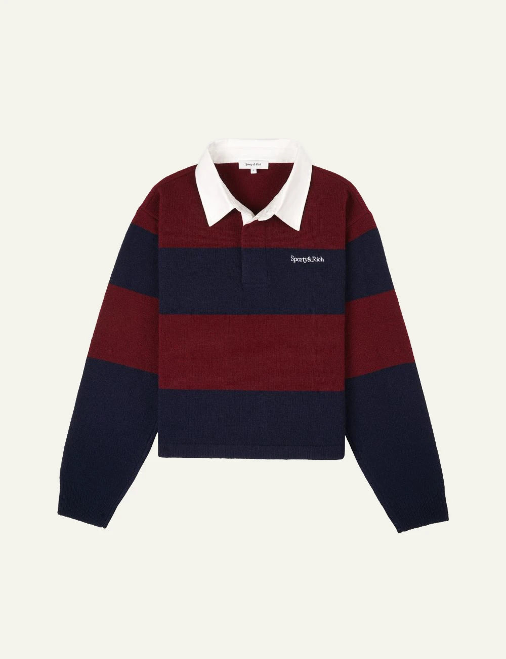Sporty and Rich cashmere wool rugby knit merlot navy front view