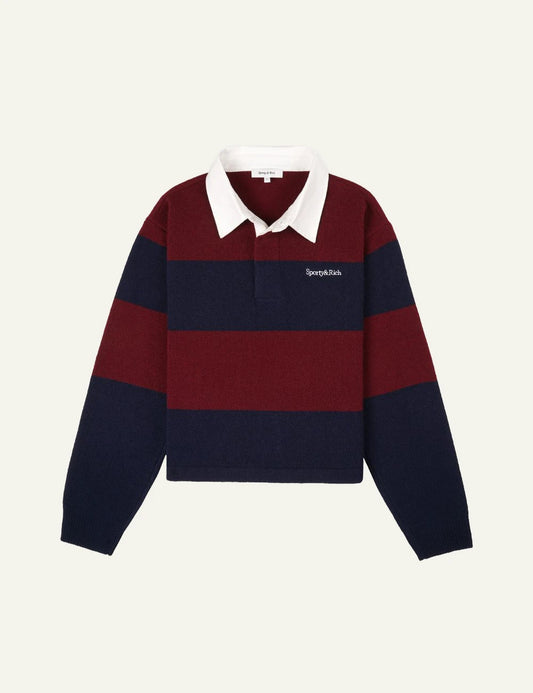 Sporty and Rich cashmere wool rugby knit merlot navy front view