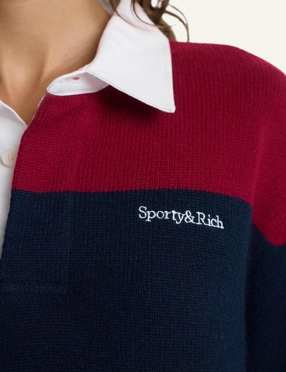Sporty and Rich cashmere wool rugby knit merlot navy front detail view