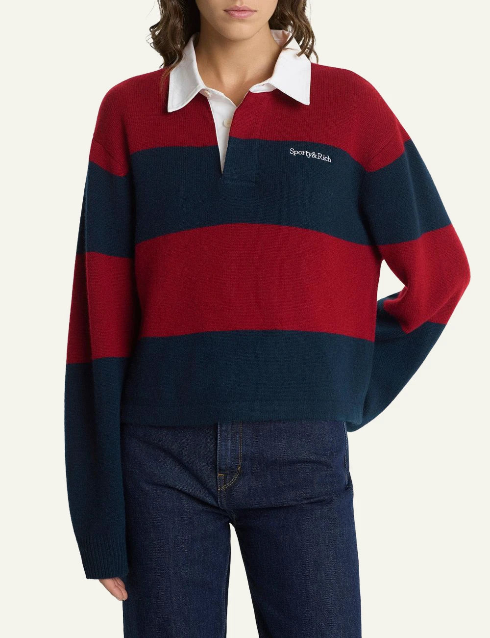 Sporty and Rich cashmere wool rugby knit merlot navy front model view