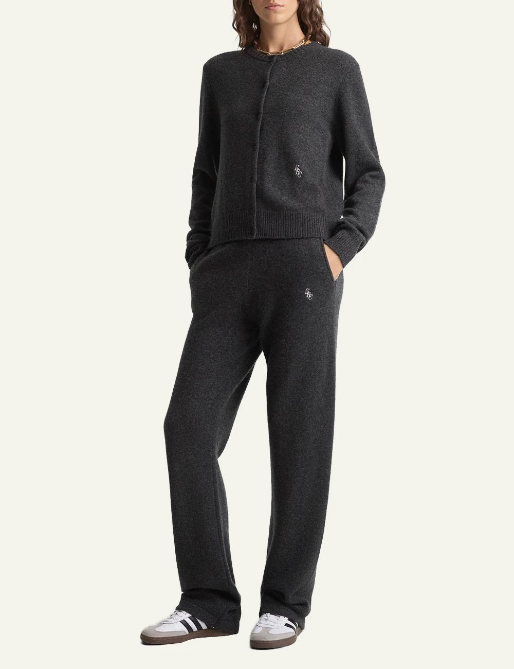 Sporty and Rich charcoal cashmere wide leg pants front model view