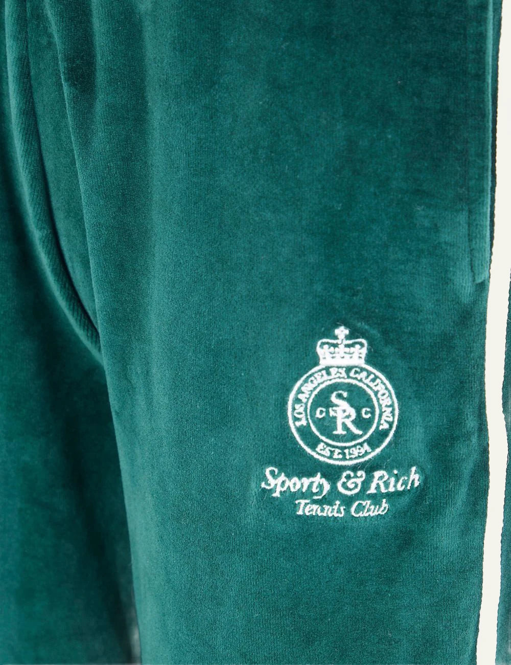 Sporty &amp; Rich Crown Tennis velvet pant forest ecru front detail view