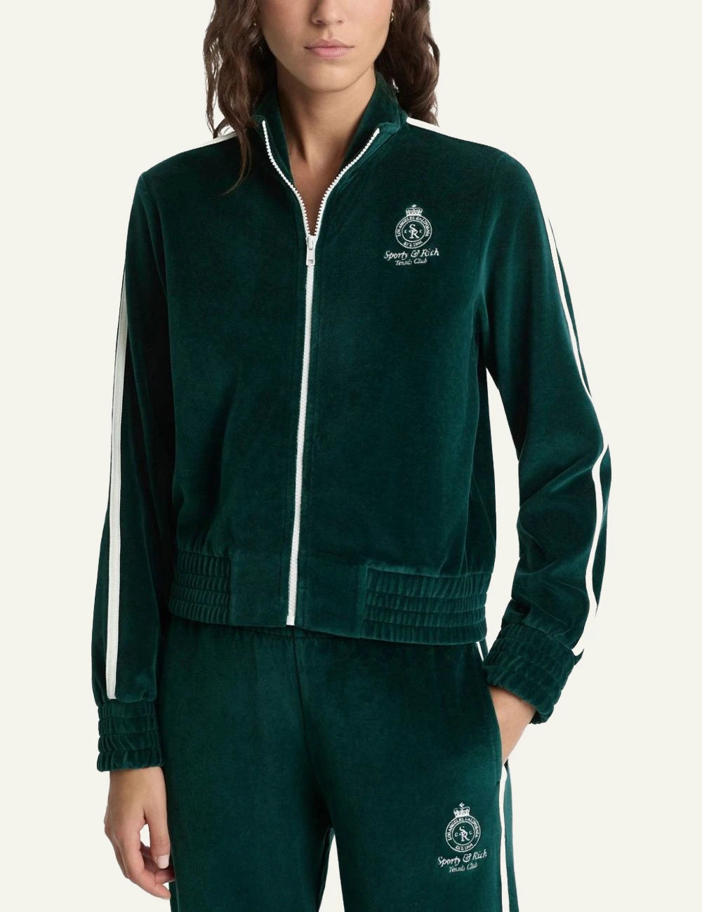 Sporty &amp; Rich crown tennis track jacket forest green front detail view