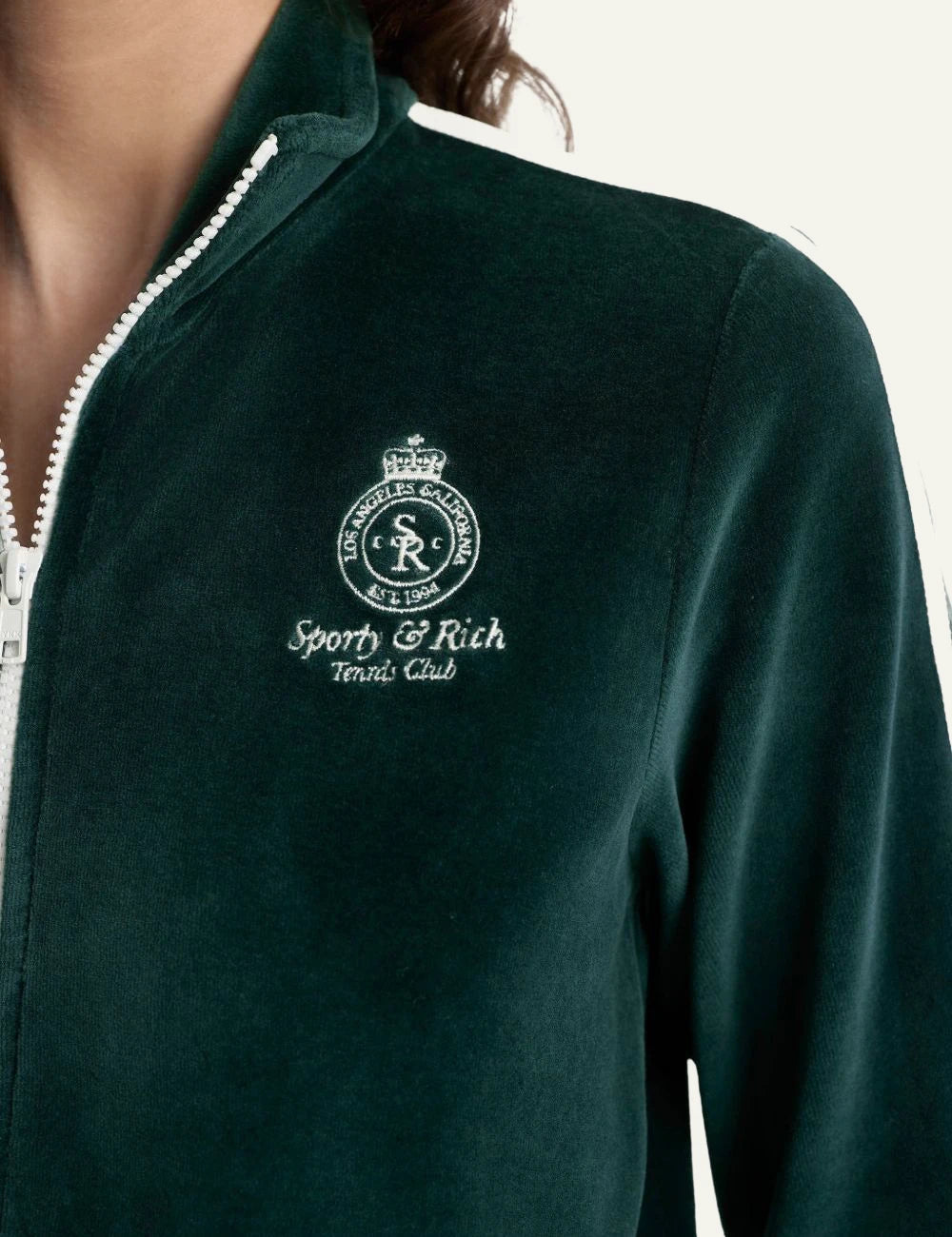 Sporty &amp; Rich crown tennis track jacket forest green front detail view