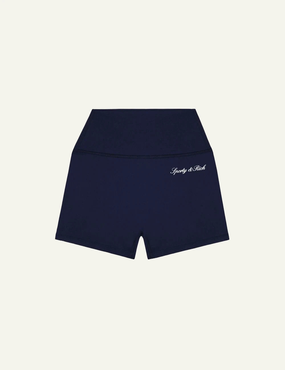 Sporty and Rich mini biker shorts navy high waist front view