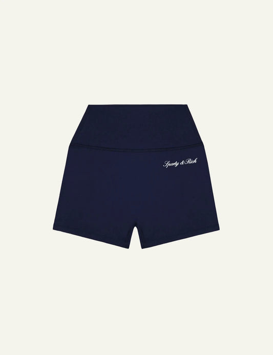 Sporty and Rich mini biker shorts navy high waist front view