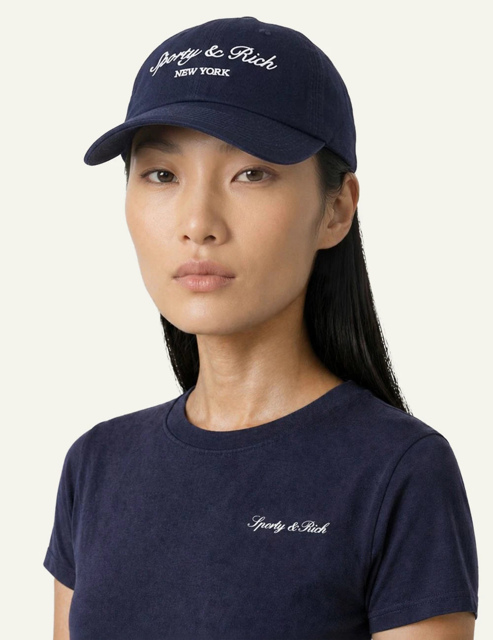 Sporty and Rich New York navy baseball cap with embroidered logo model