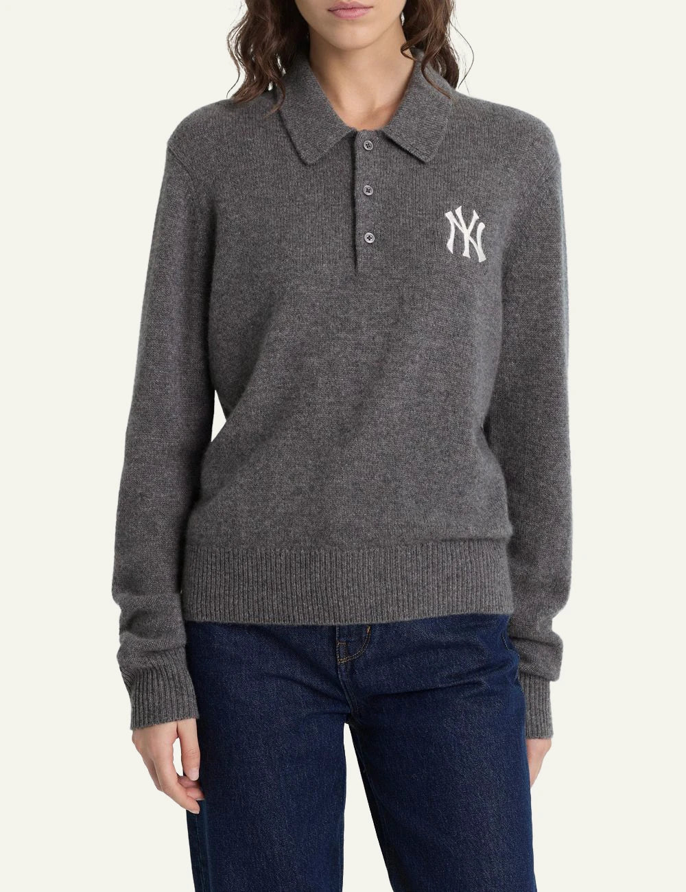 Sporty and Rich NY logo cashmere wool knit polo grey front view