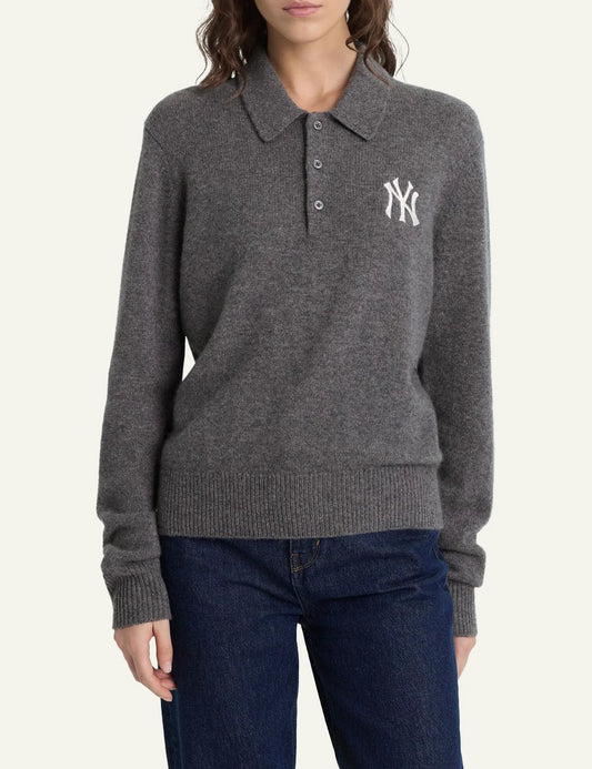 Sporty and Rich NY logo cashmere wool knit polo grey front view