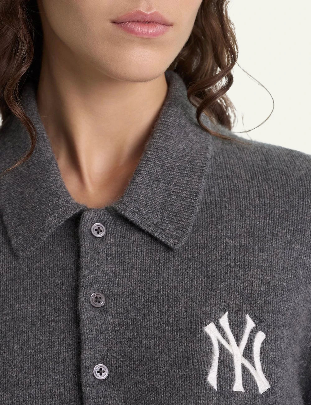 Sporty and Rich NY logo cashmere wool knit polo grey front detail view