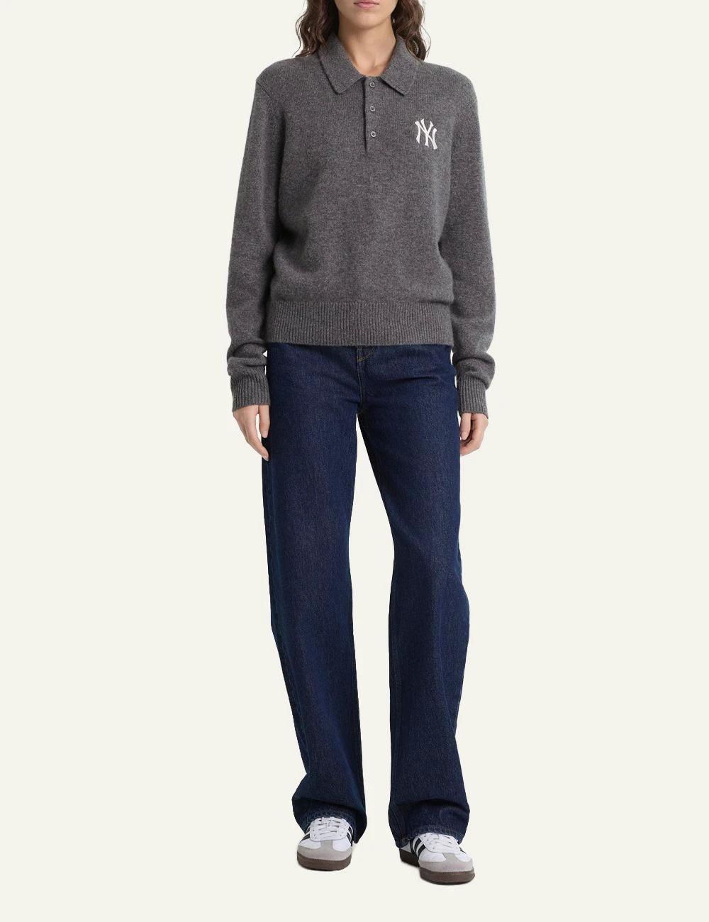Sporty and Rich NY logo cashmere wool knit polo grey front full body view