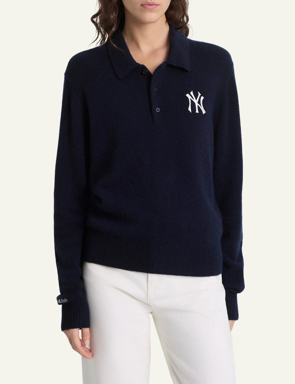 Sporty and Rich NY logo cashmere wool knit polo navy front view