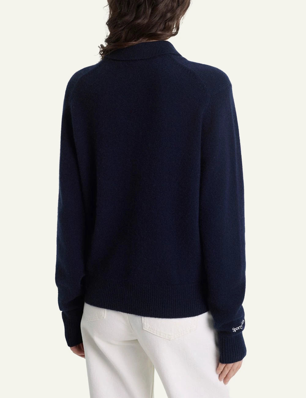 Sporty and Rich NY logo cashmere wool knit polo navy back view