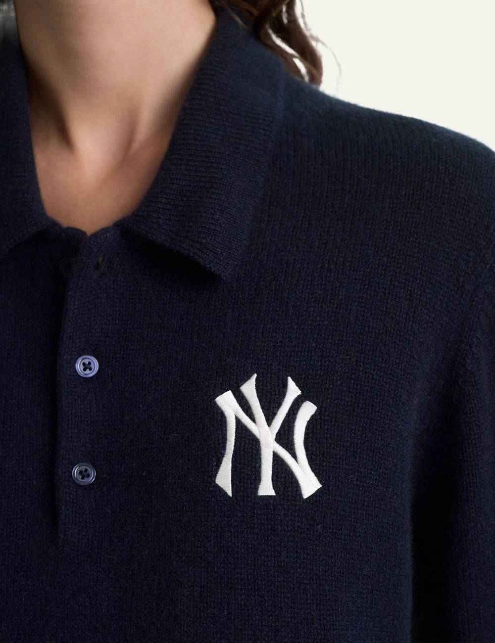 Sporty and Rich NY logo cashmere wool knit polo navy front detail view