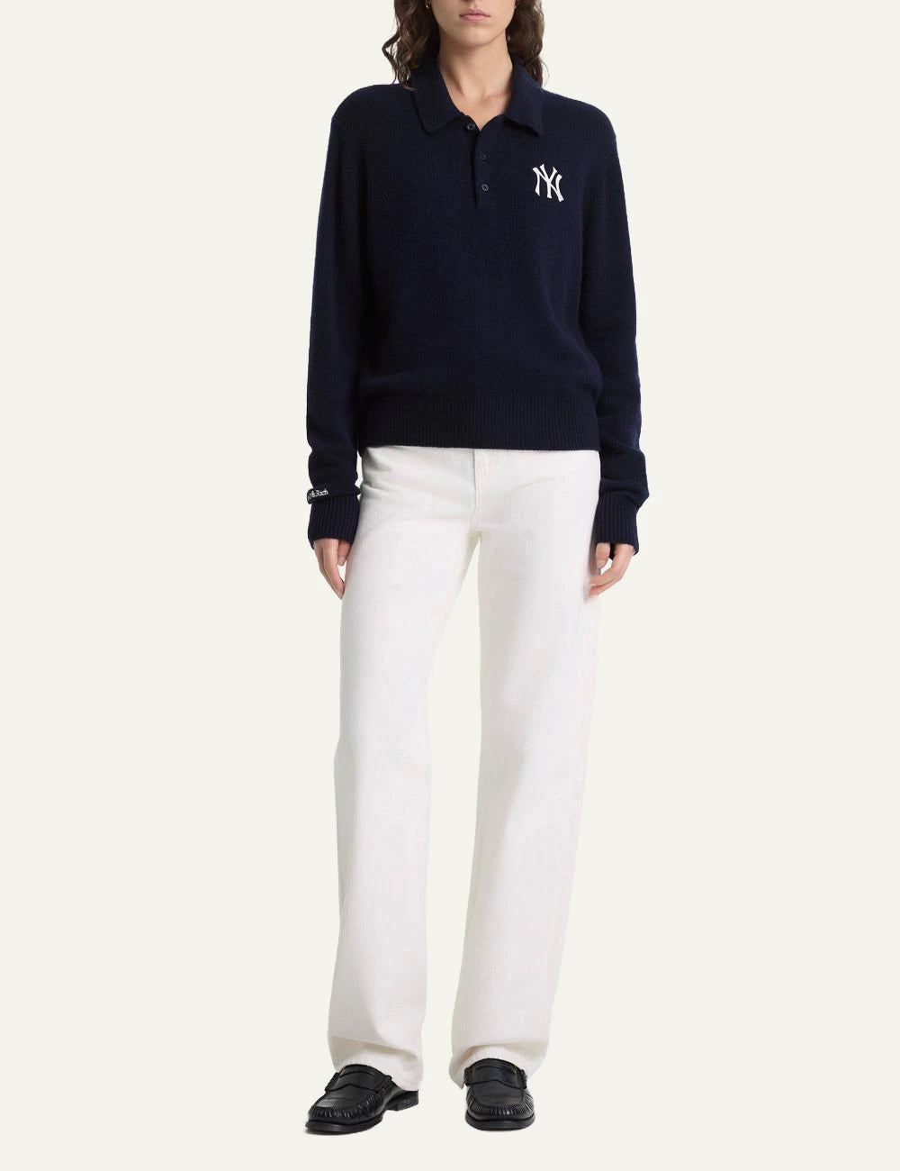 Sporty and Rich NY logo cashmere wool knit polo navy front full body view