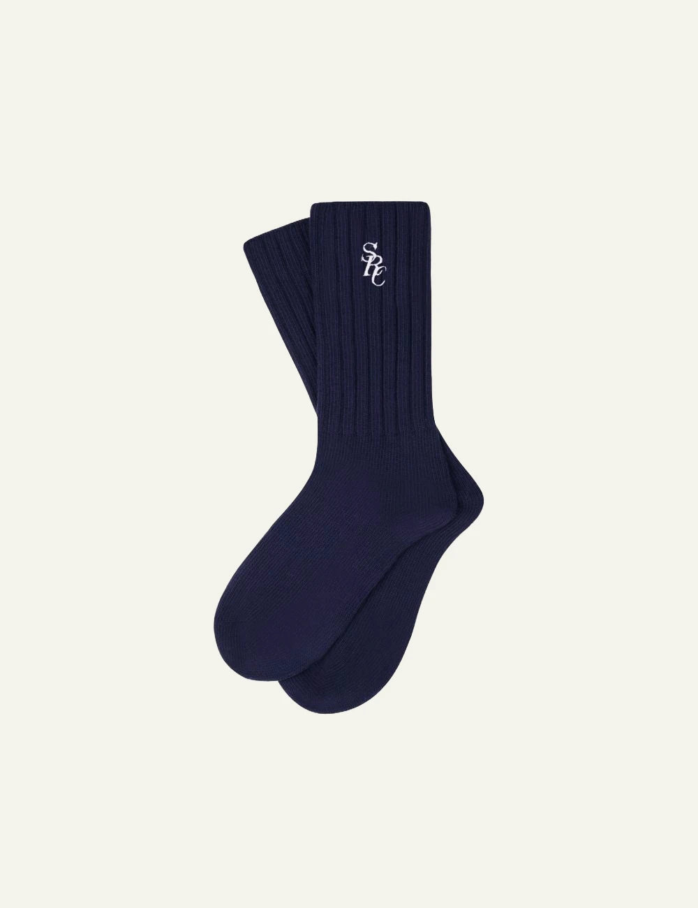 Sporty and Rich navy ribbed socks with embroidered logo front