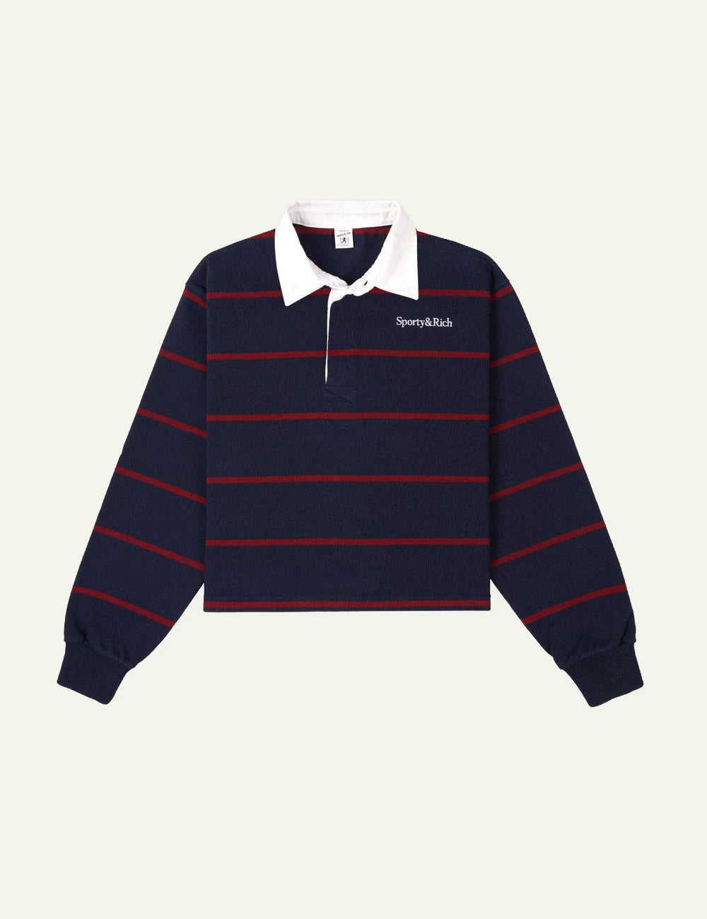 Sporty and Rich striped rugby polo navy red with white collar front view