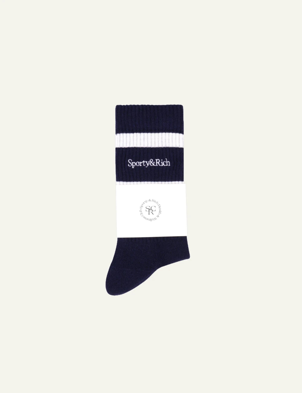 Sporty &amp; Rich serif logo socks dark navy white pair view detail