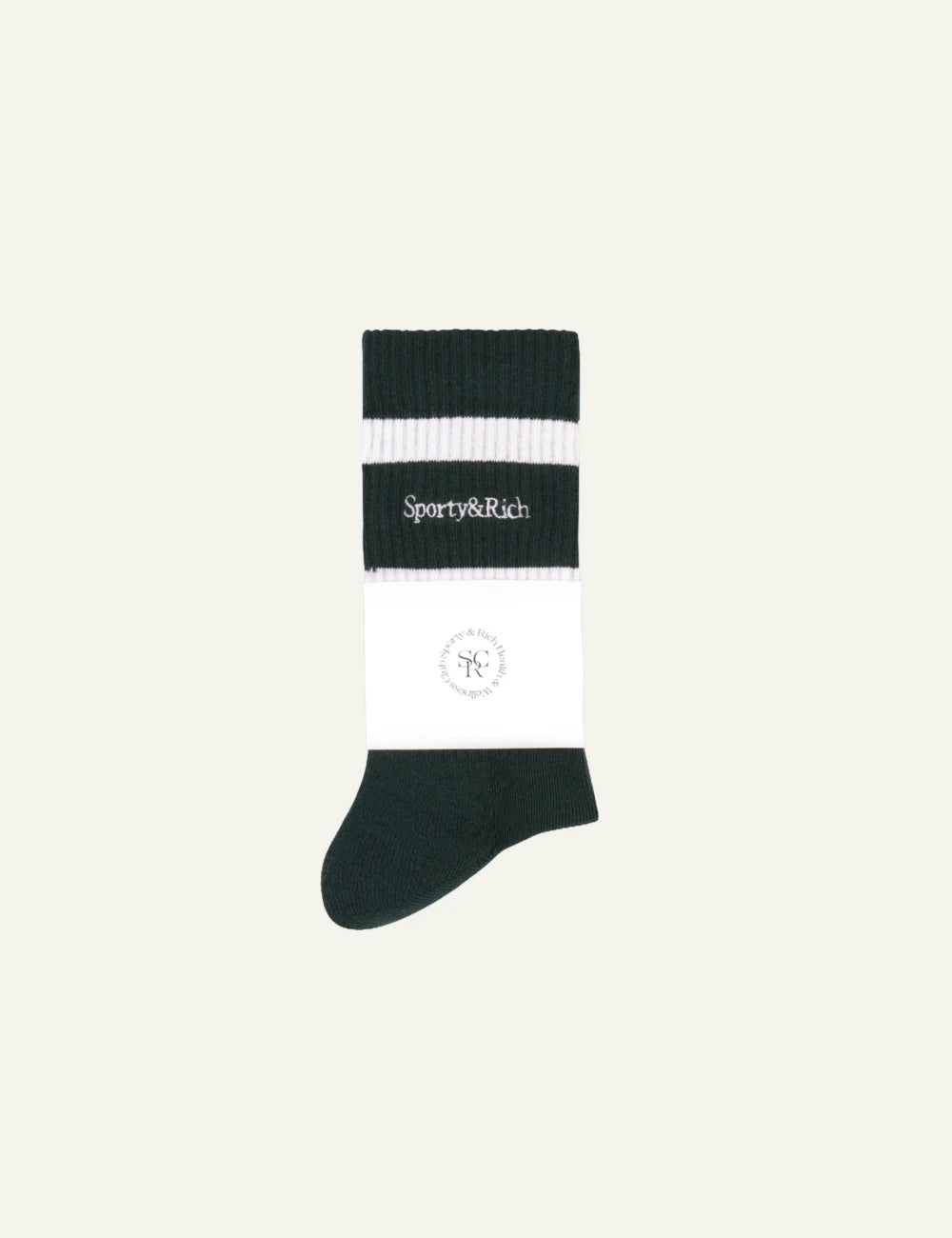 Sporty Rich serif logo socks forest white pair side view