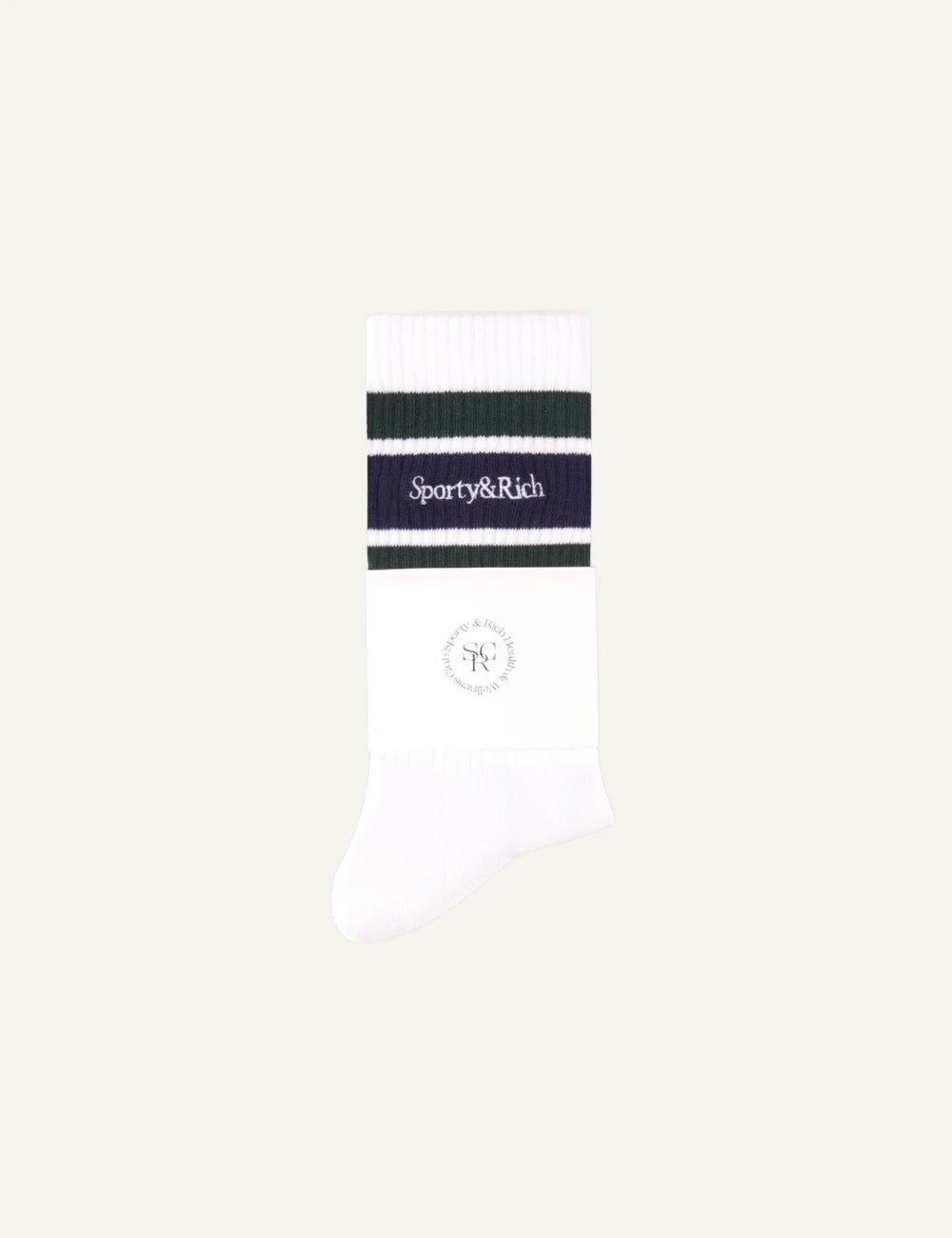 Sporty Rich serif logo socks white forest dark navy pair view detail
