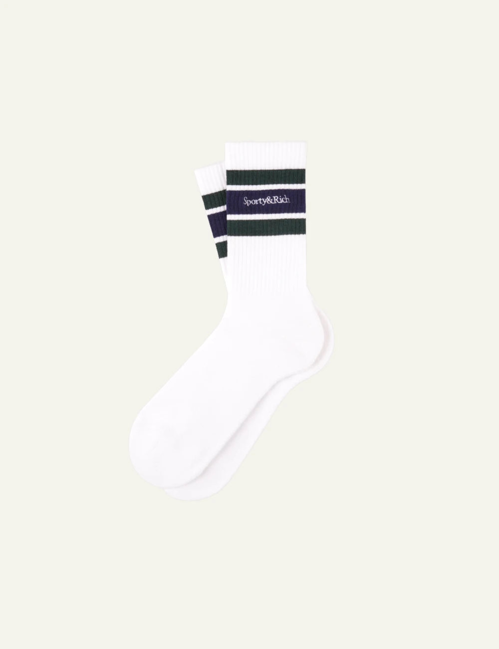 Sporty Rich serif logo socks white forest dark navy pair view