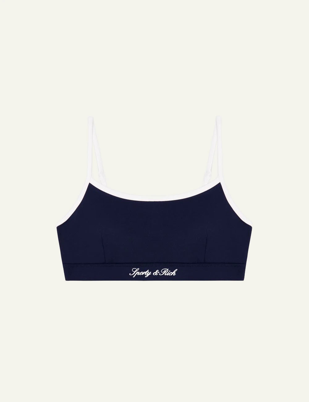 Sporty and Rich sports bra navy with white straps front view