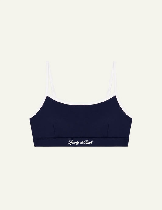 Sporty and Rich sports bra navy with white straps front view