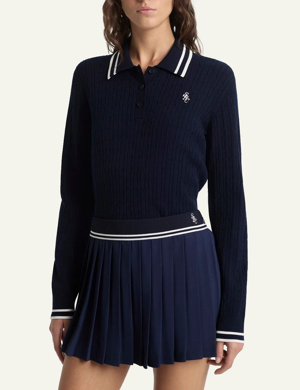 Sporty &amp; Rich SRC Abigail skirt dark navy ecru pleated front model view