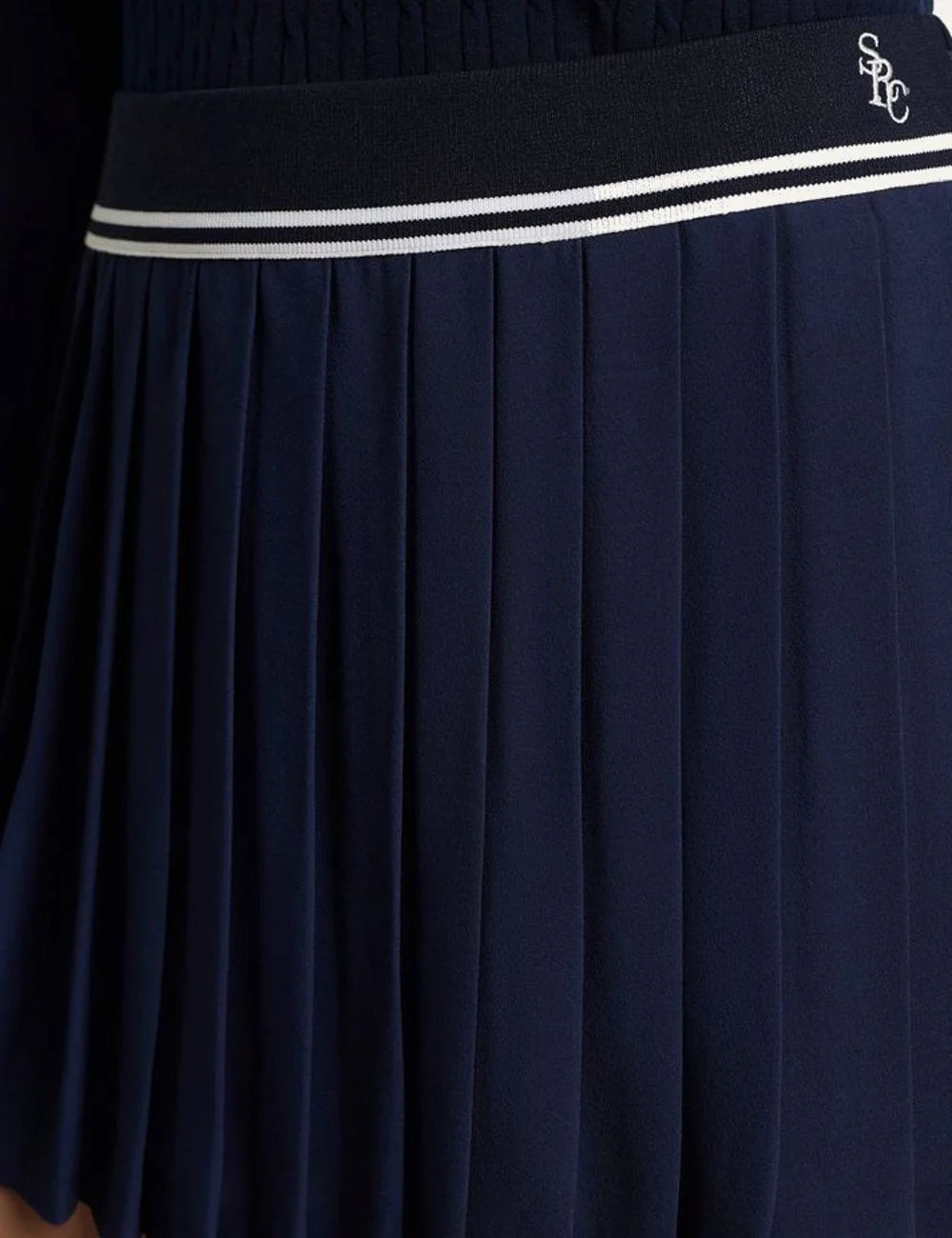 Sporty &amp; Rich SRC Abigail skirt dark navy ecru pleated front detail view