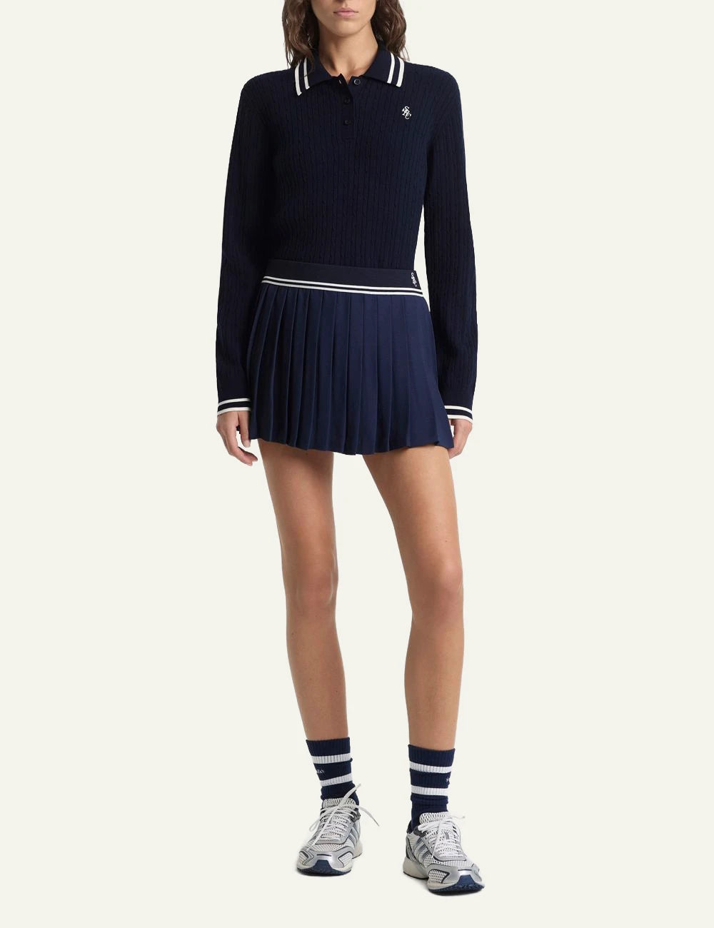 Sporty &amp; Rich SRC Abigail skirt dark navy ecru pleated front full body view