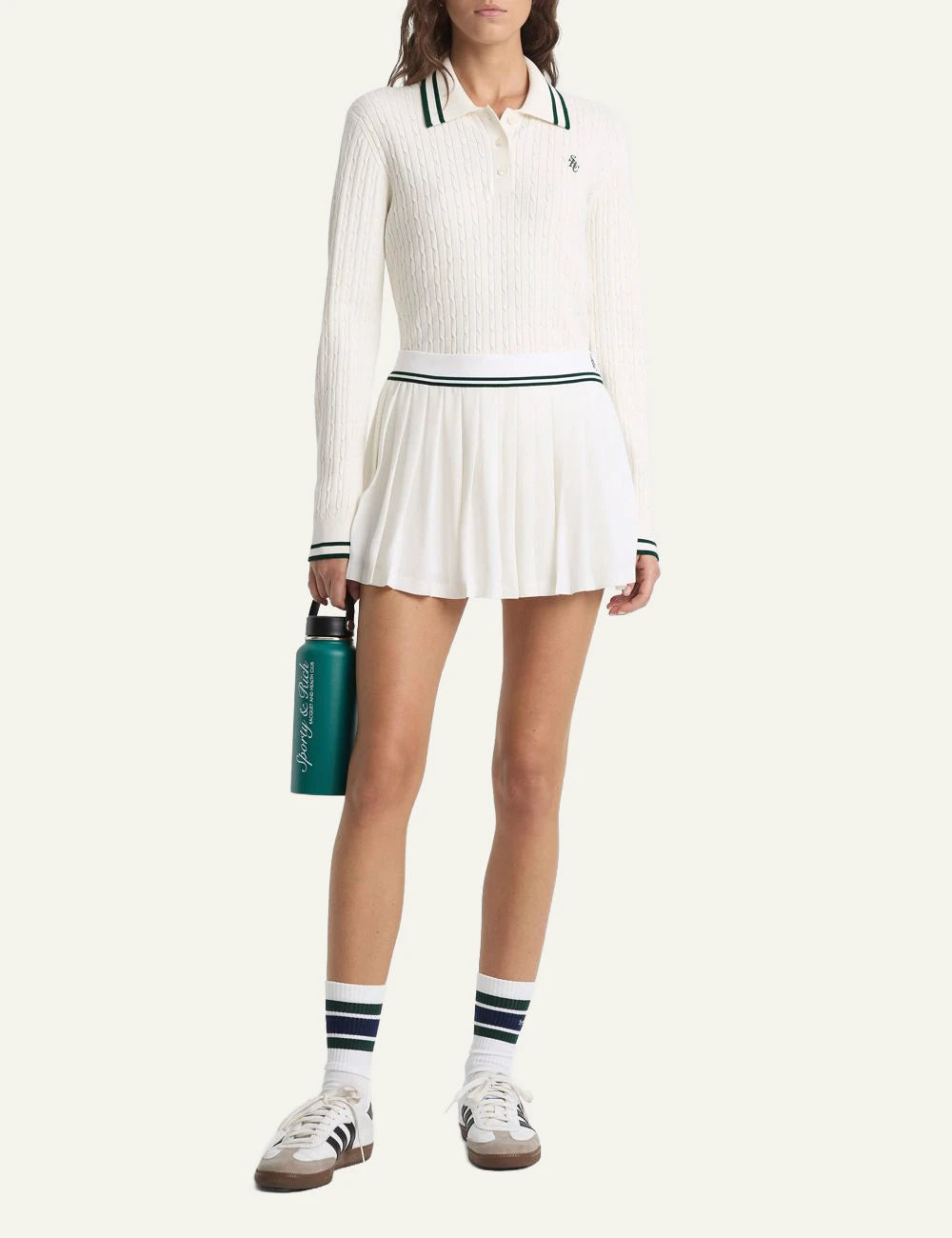 Sporty &amp; Rich SRC Abigail skirt ecru forest pleated front full body view