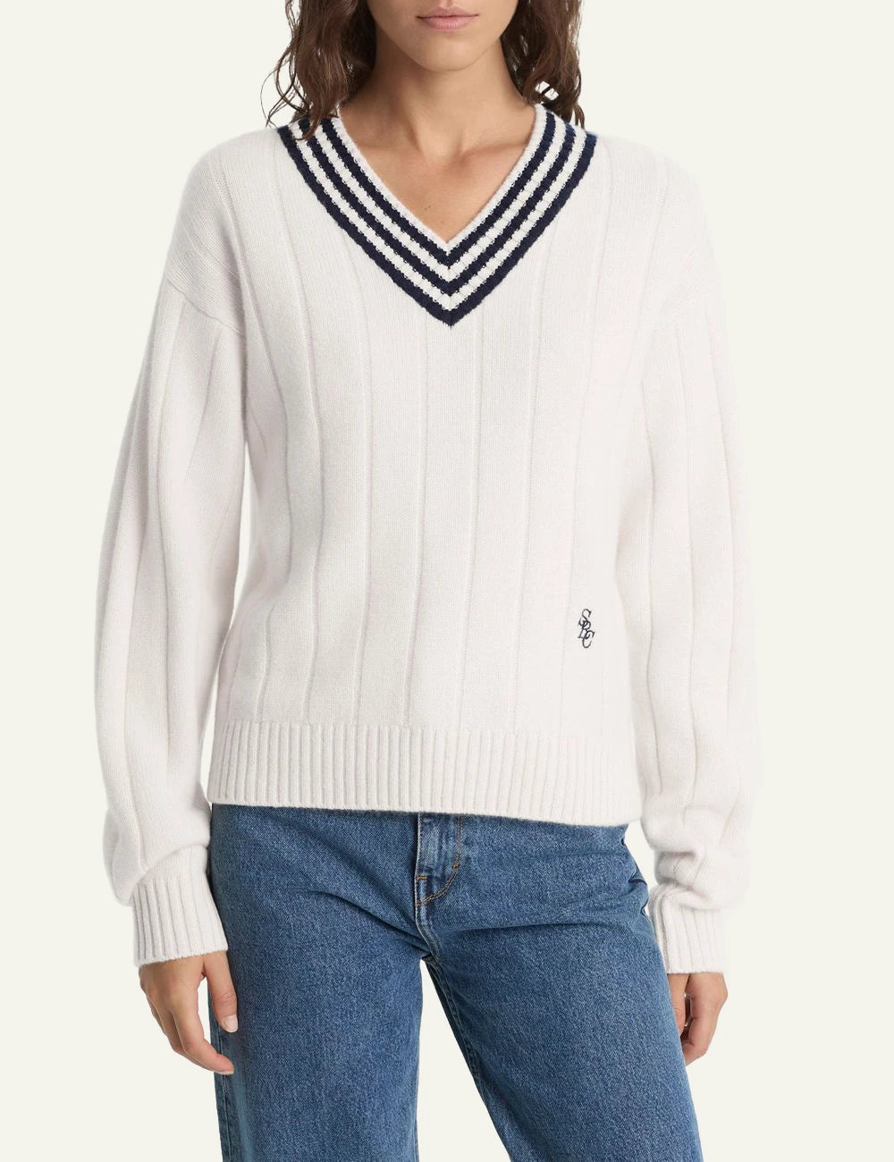 Sporty &amp; Rich SRC cricket cashmere sweater ecru dark navy front detail view