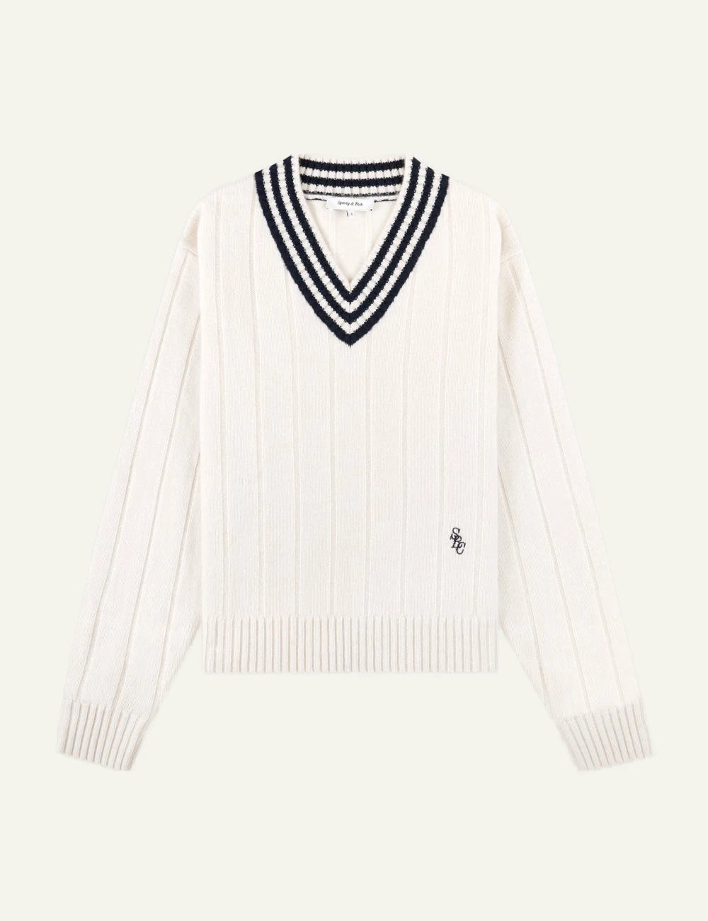 Sporty &amp; Rich SRC cricket cashmere sweater ecru dark navy front view