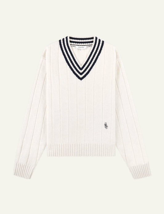 Sporty &amp; Rich SRC cricket cashmere sweater ecru dark navy front view