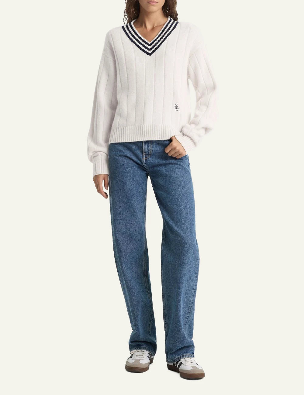 Sporty &amp; Rich SRC cricket cashmere sweater ecru dark navy front full body view