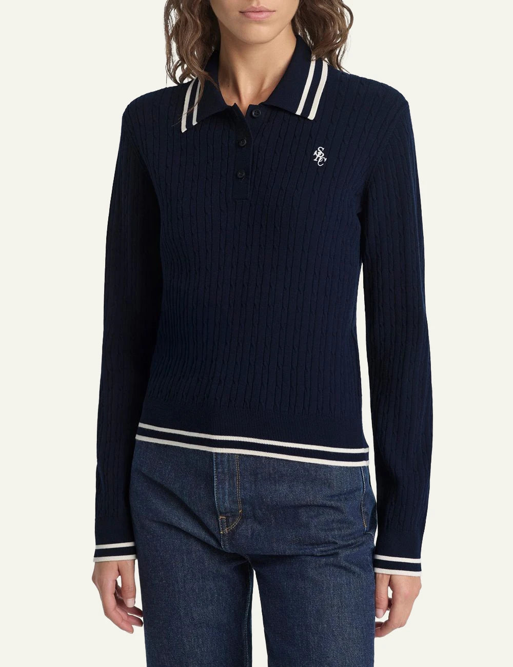  Sporty &amp; Rich SRC mini cable long sleeve polo dark navy front detail view