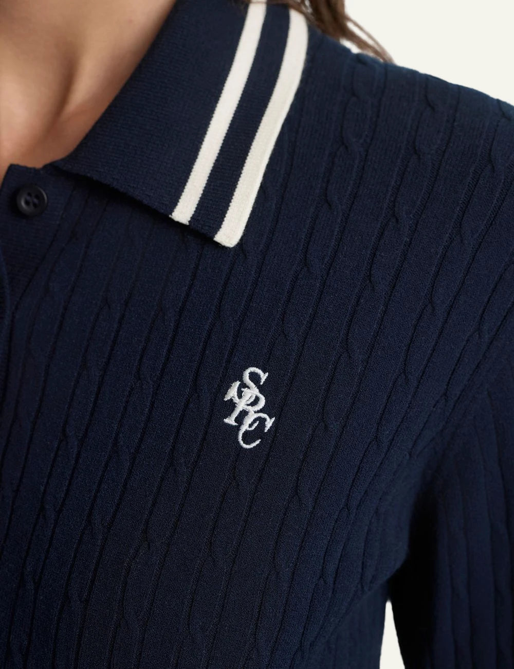  Sporty &amp; Rich SRC mini cable long sleeve polo dark navy front detail view