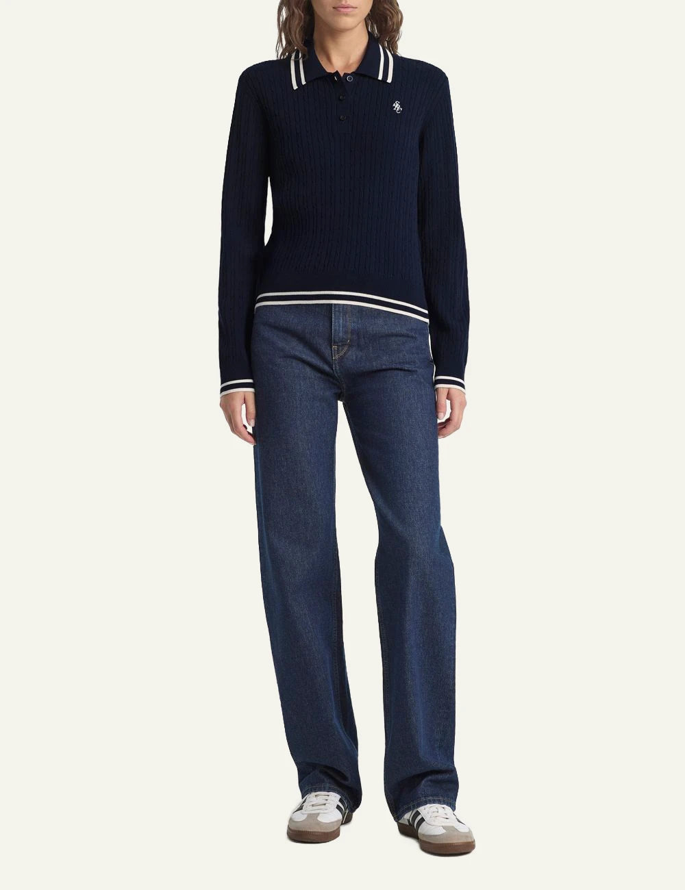  Sporty &amp; Rich SRC mini cable long sleeve polo dark navy front full body view