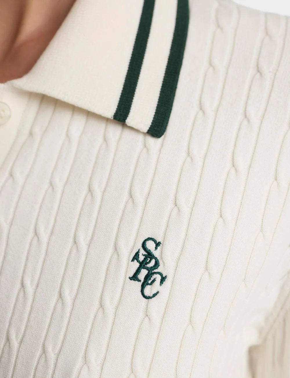 Sporty &amp; Rich SRC mini cable long sleeve polo ecru forest front detail view