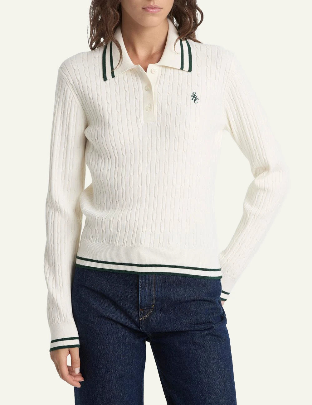 Sporty &amp; Rich SRC mini cable long sleeve polo ecru forest front detail view