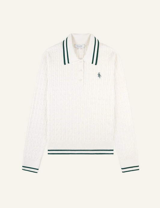 Sporty &amp; Rich SRC mini cable long sleeve polo ecru forest front view