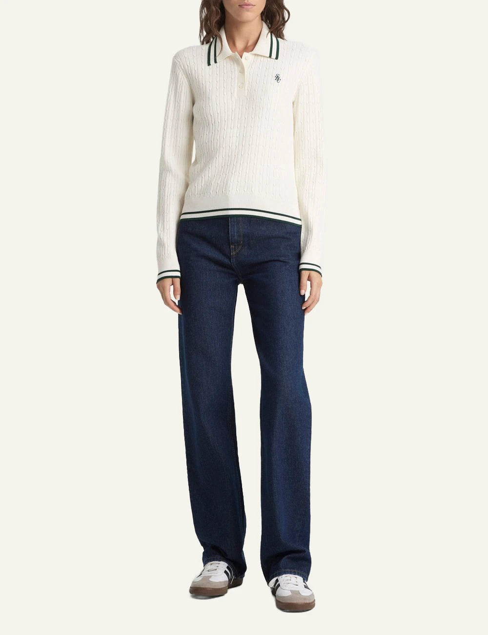 Sporty &amp; Rich SRC mini cable long sleeve polo ecru forest front full body view