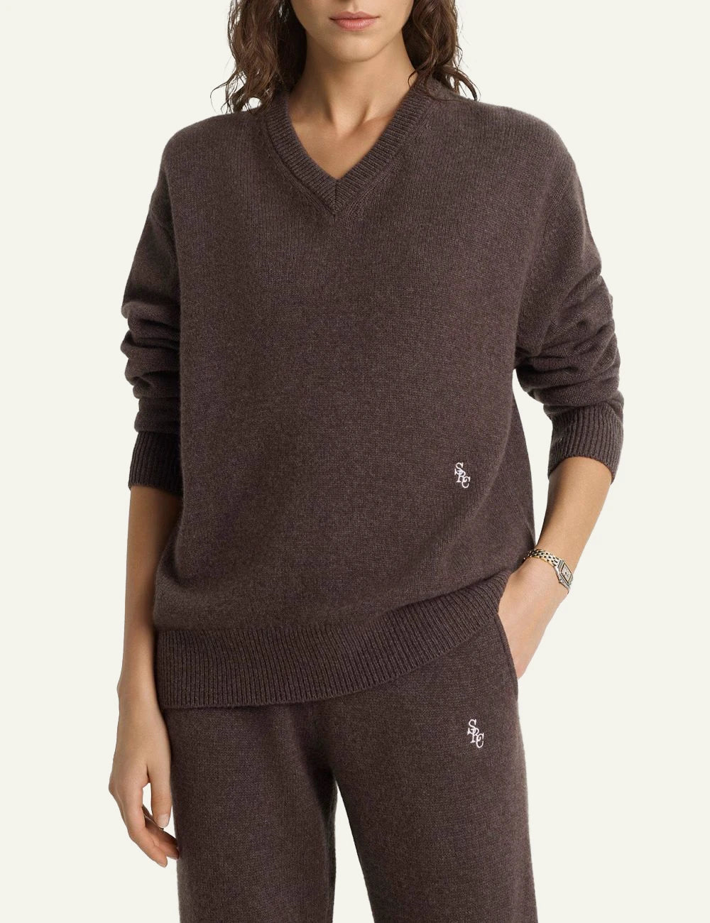 Sporty &amp; Rich SRC v neck sweater toffee front  detail view