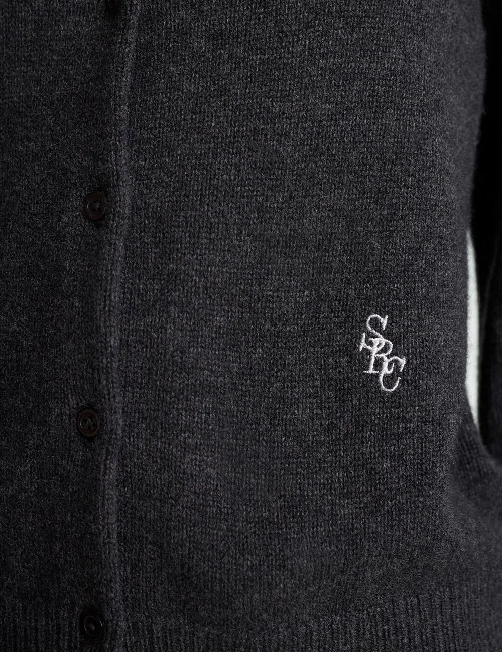 Sporty and Rich charcoal cashmere cropped cardigan front detail view