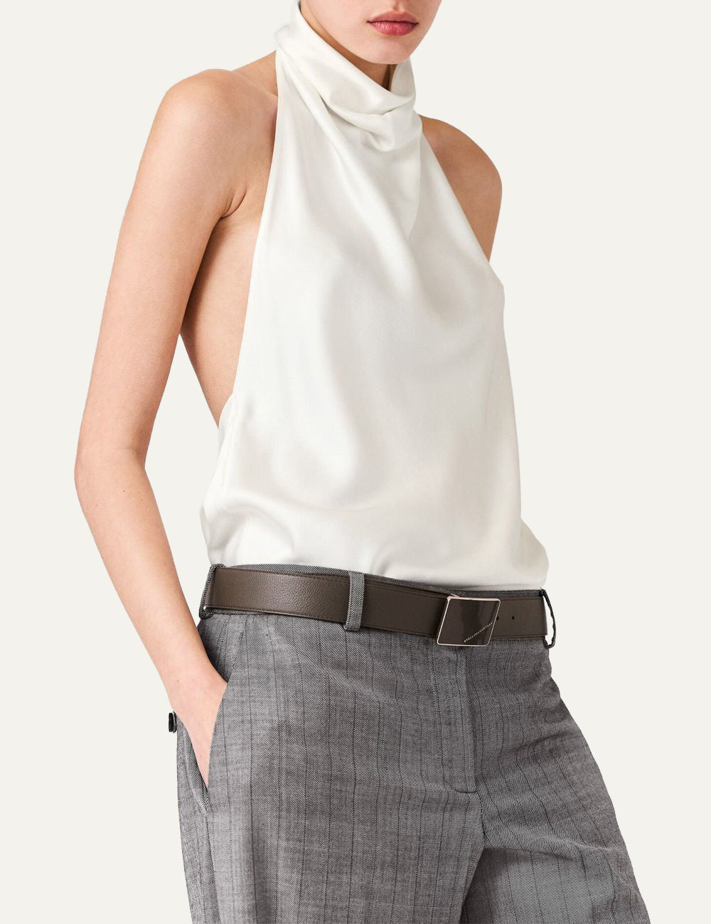 Stella McCartney satin halterneck top cream side view outfit