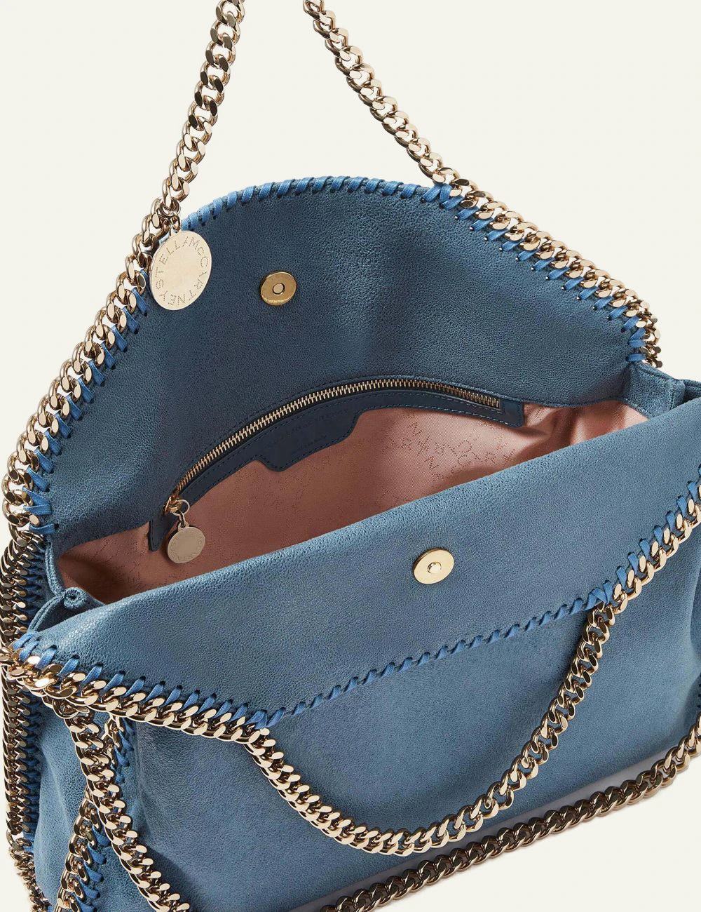 Stella McCartney Falabella 3-chain bag blue me gold chain trim top view