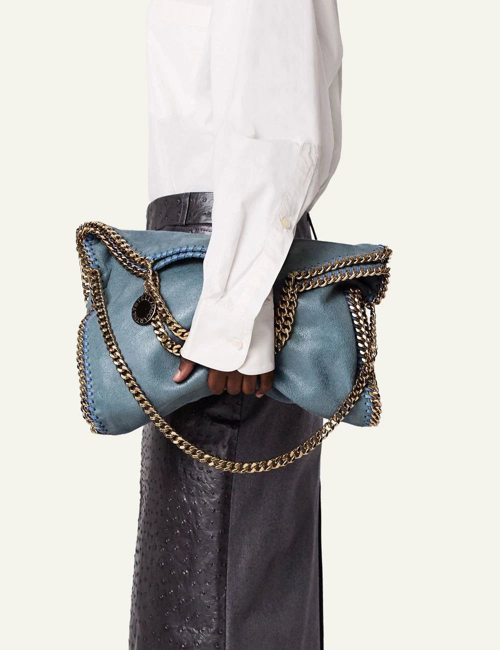 Stella McCartney Falabella 3-chain bag blue me gold chain trim front model view