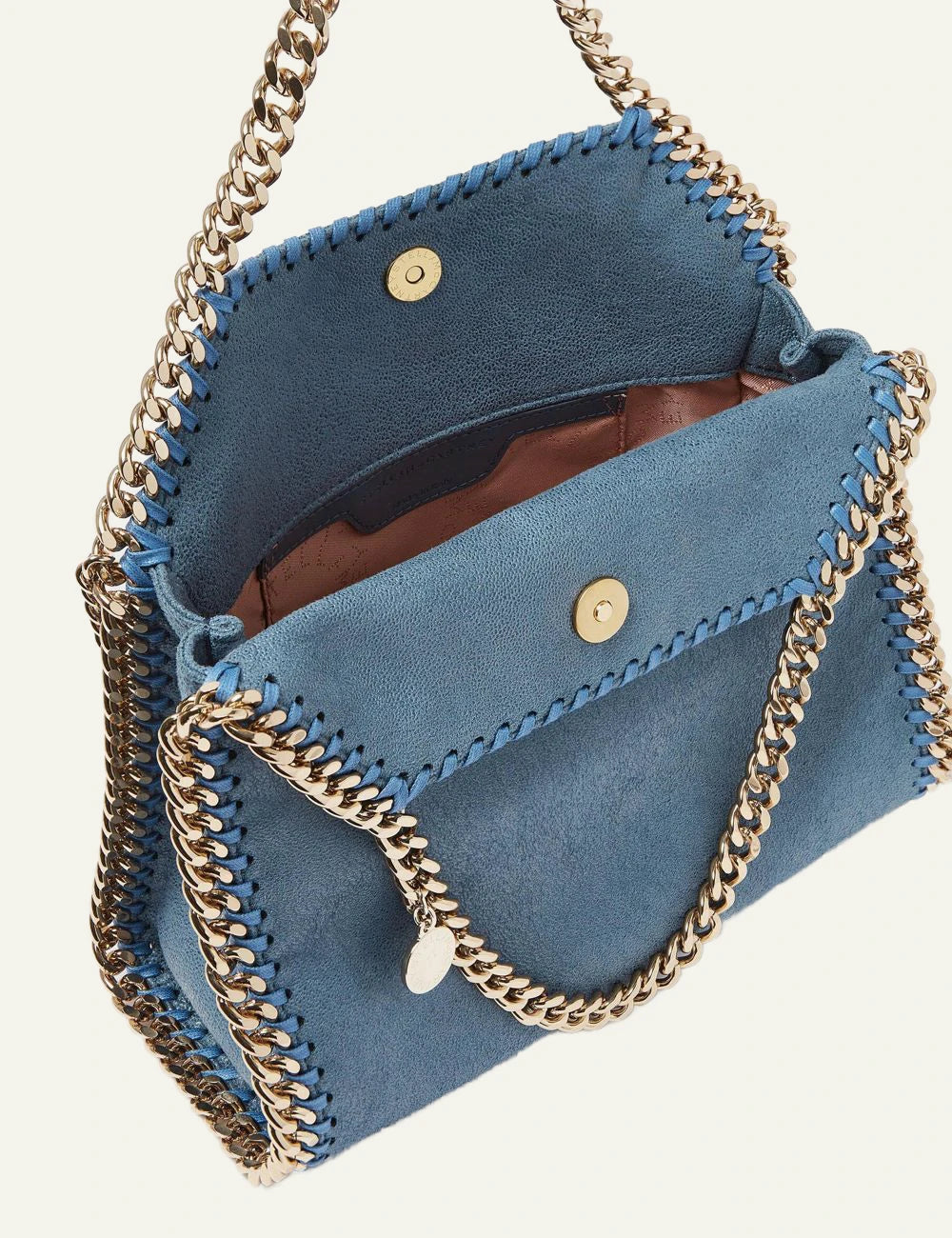 Stella McCartney Falabella mini bag blue me gold chain detail top view
