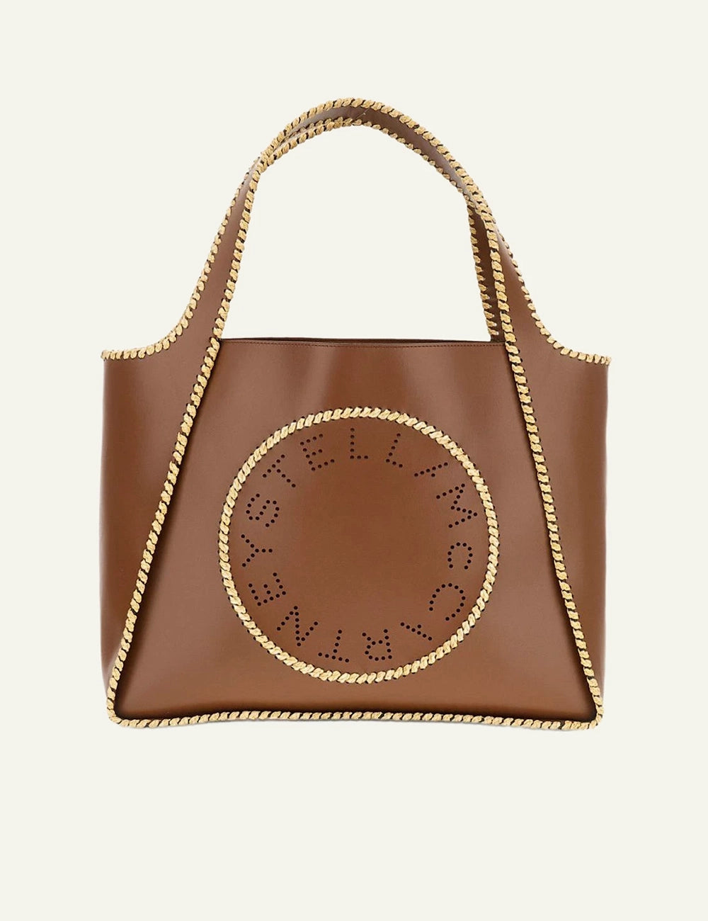 Stella McCartney logo tote bag tan me perforated logo raffia trim front view
